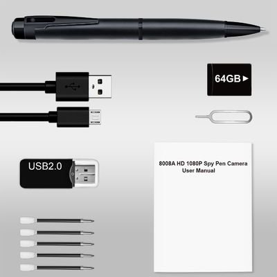 Black Miniature Spy Camera , 1080P Mini Hidden Pen Camera With 64GB SD Card