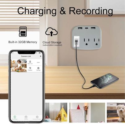 White Wifi Spy Camera Wall Outlet , Plastic Mini Hidden CCTV Camera