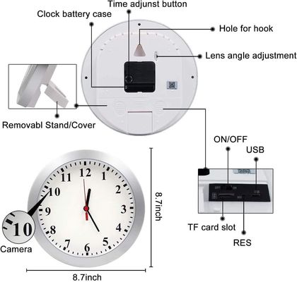 Battery Powered Wifi Spy Camera , Wall Clock Hidden Spy Camera For House